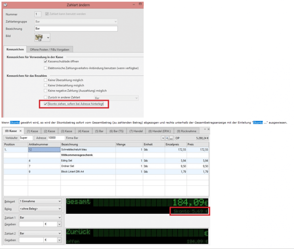 Skontovorgaben in der Kasse: Adresse und Artikel müssen skontofähig sein