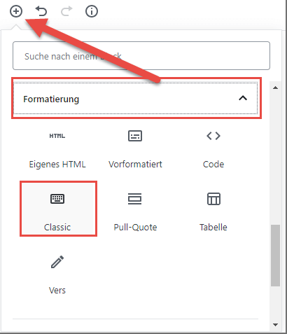 Classic Block einfügen