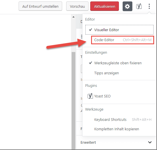 Code Editor Ansicht Gutenberg