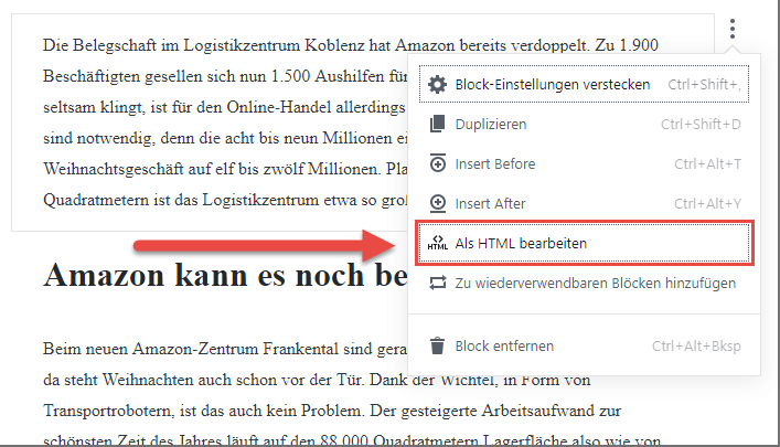 Gutenberg Editor Ansicht ändern