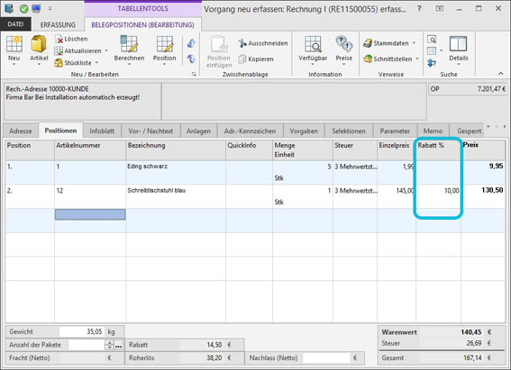 Screenshot erp-complete mit Rabattberechnung | microtech.de